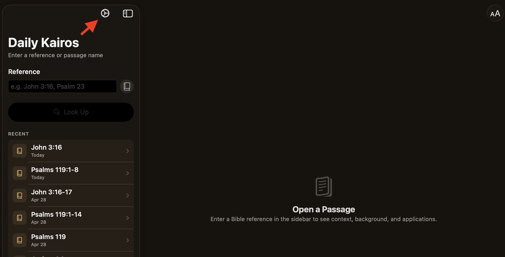 Daily Kairos main screen with arrow pointing to the Settings gear icon