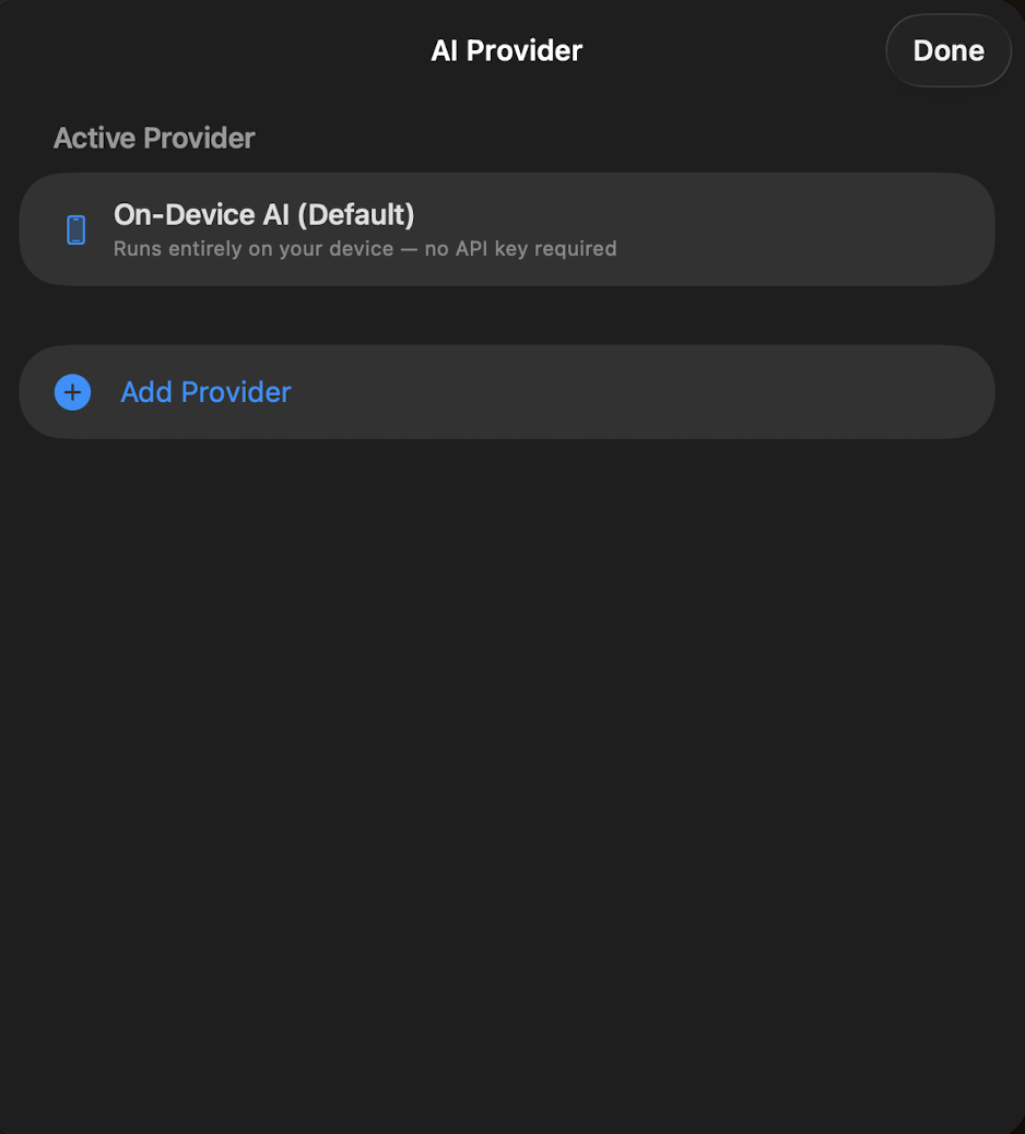 AI Provider screen showing On-Device AI as default with Add Provider button