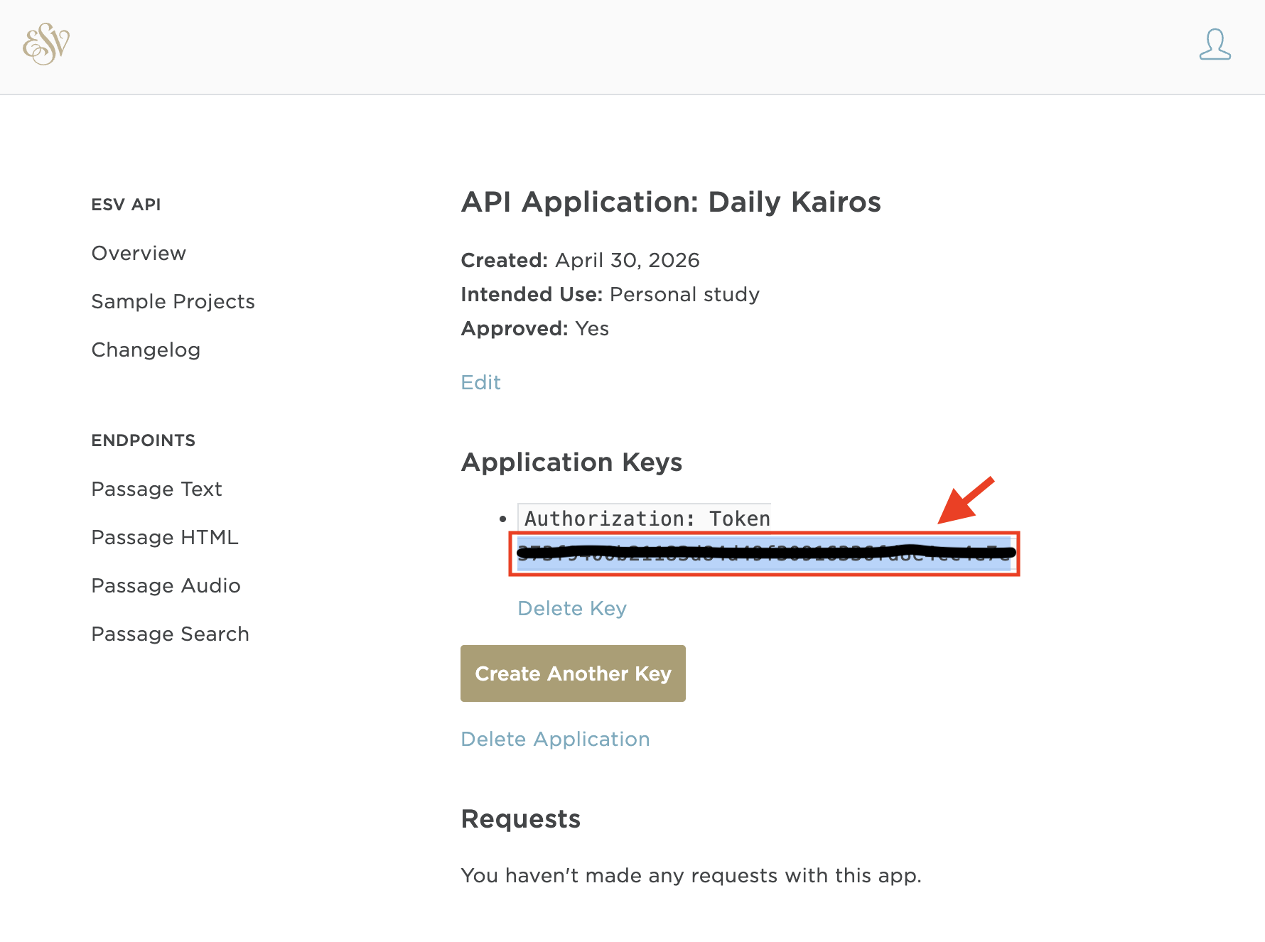 API Application page showing the generated token under 'Application Keys'