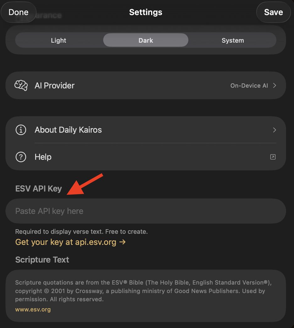 Settings screen showing the ESV API Key field with 'Paste API key here' placeholder