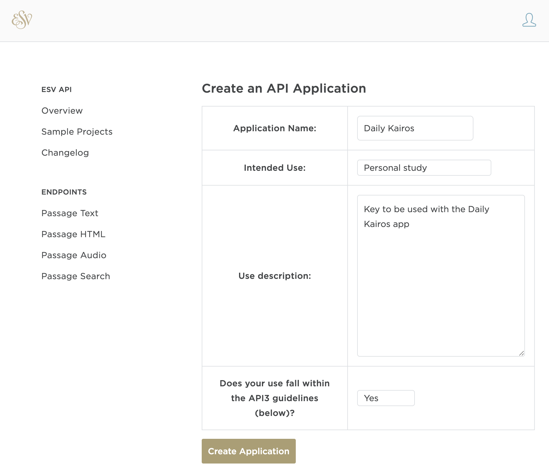Create an API Application form filled out for Daily Kairos