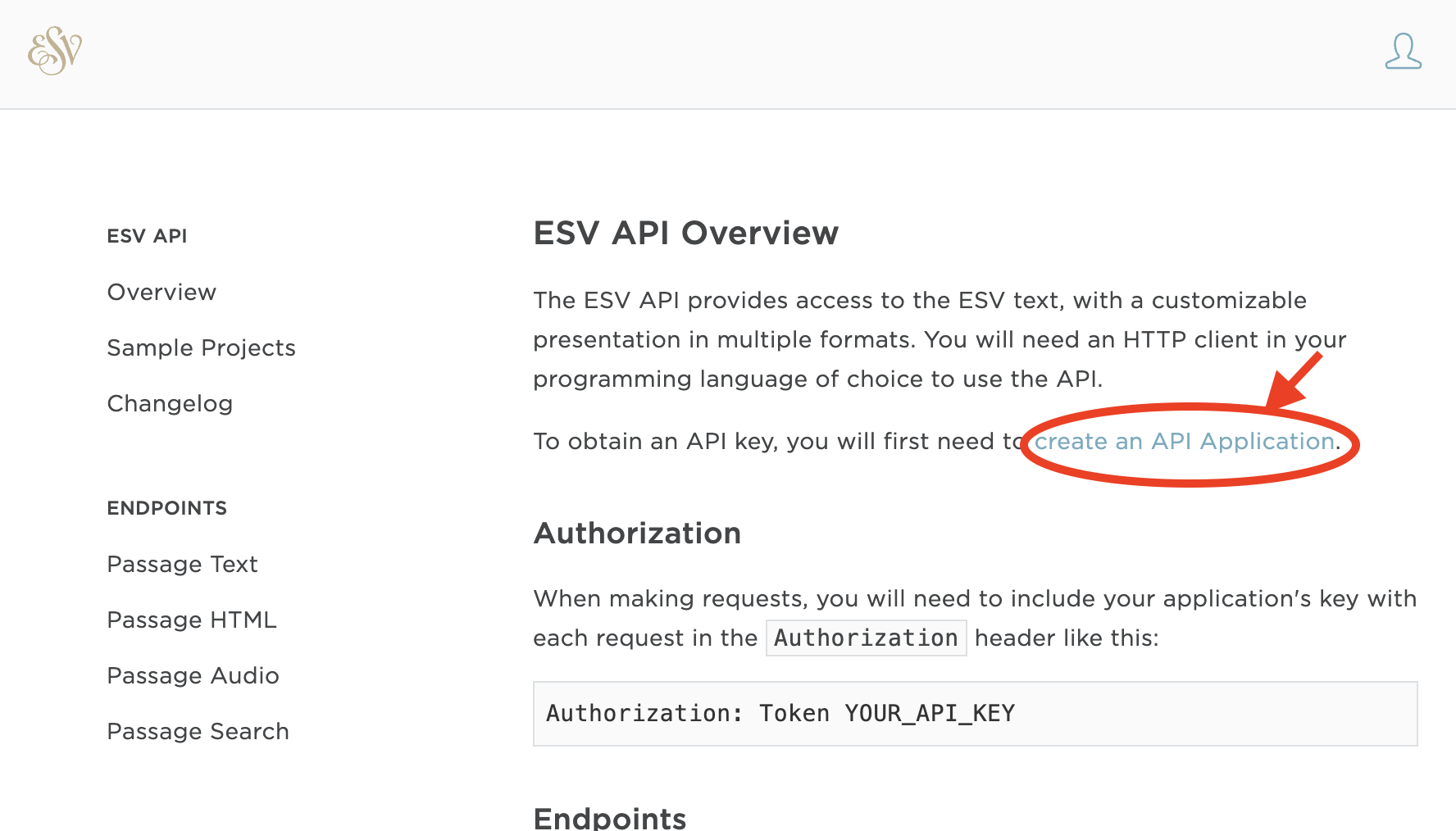 ESV API Overview page with 'Create an API Application' link circled