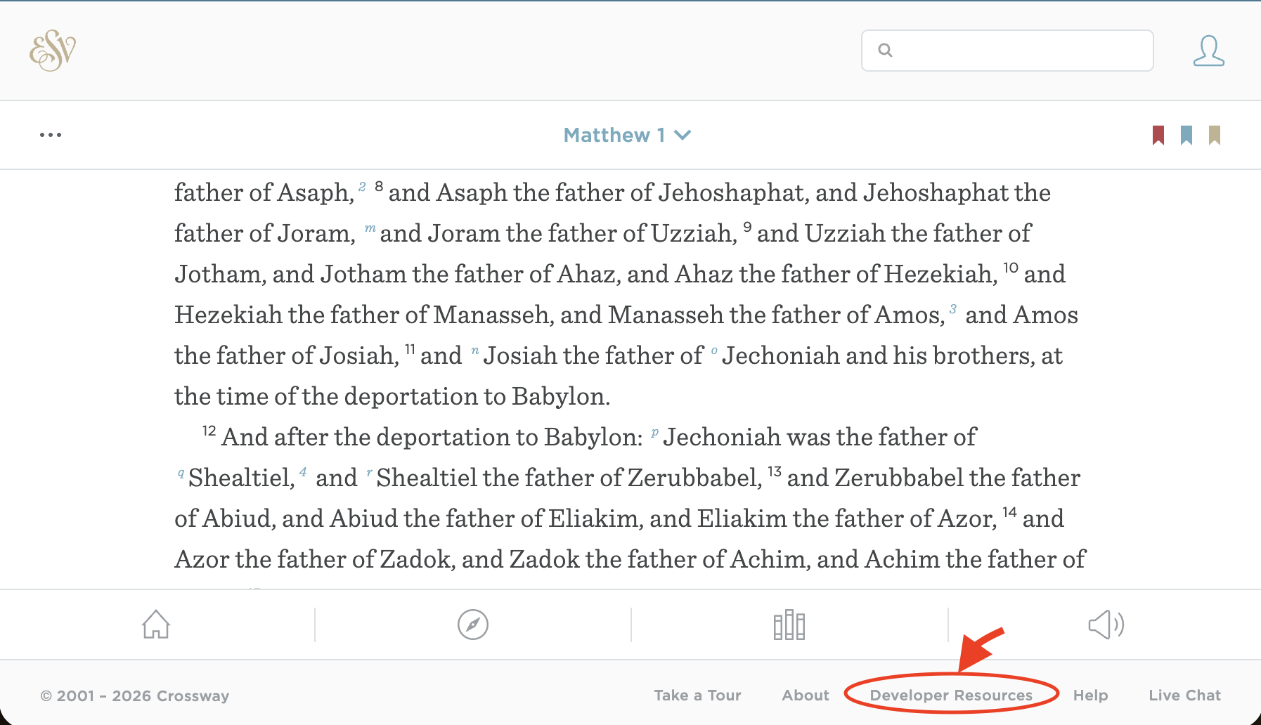 ESV website footer with 'Developer Resources' link circled