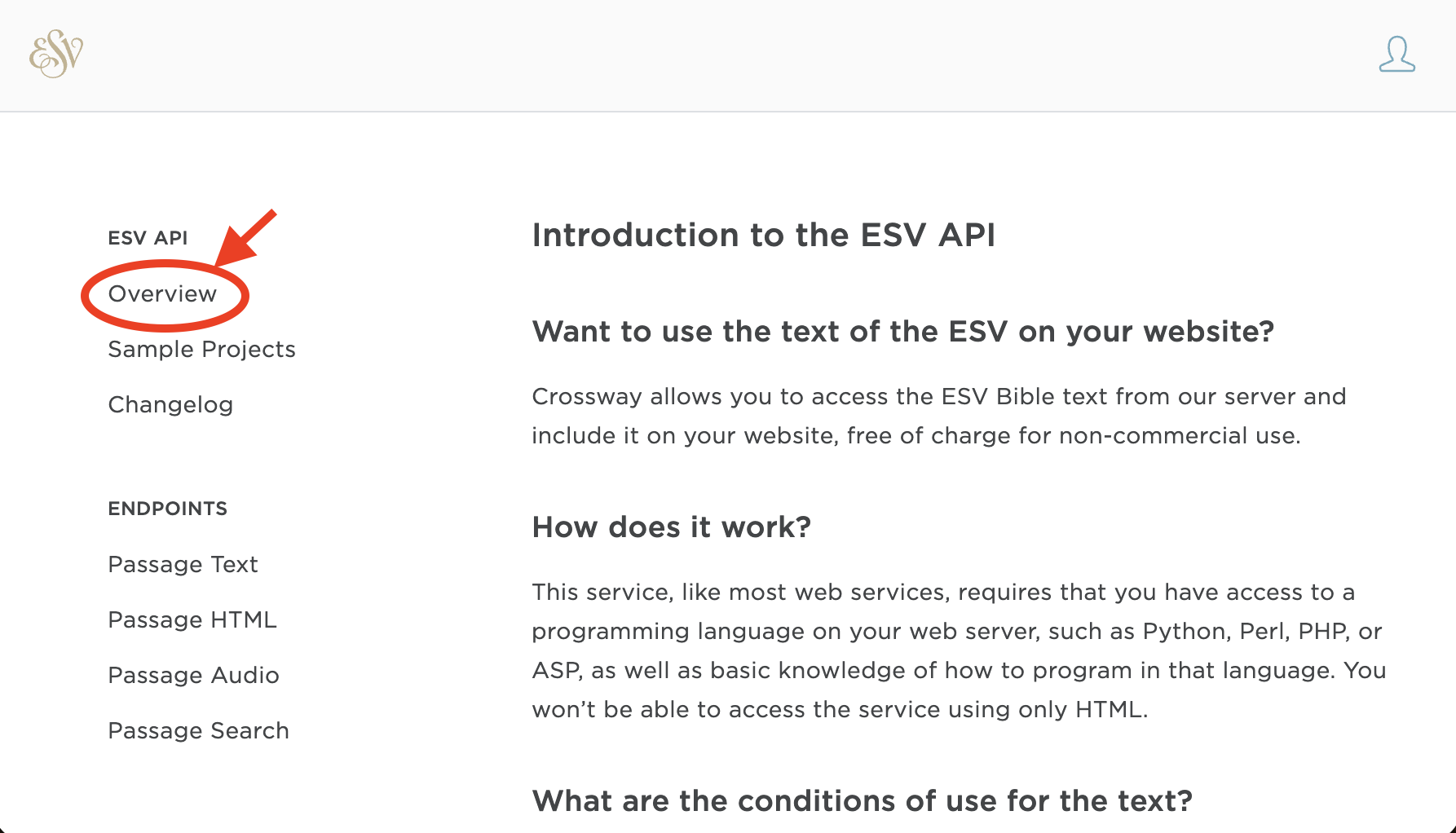 ESV API documentation sidebar with 'Overview' item circled