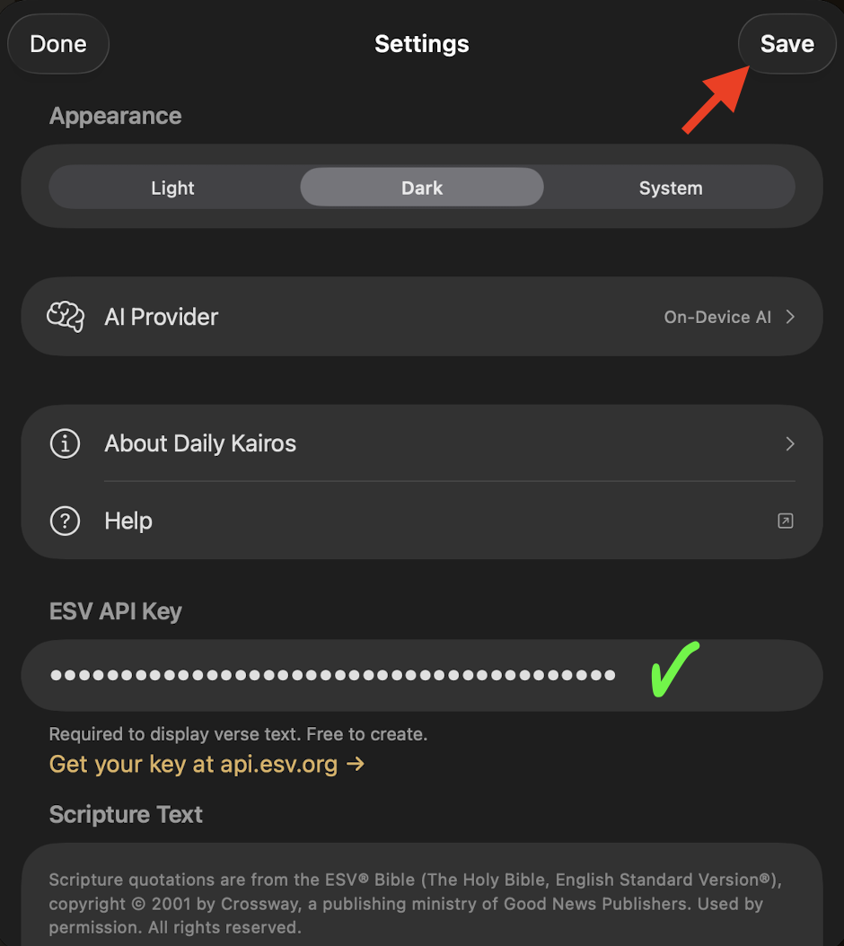 Settings screen with ESV API key filled in and arrow pointing to the Save button