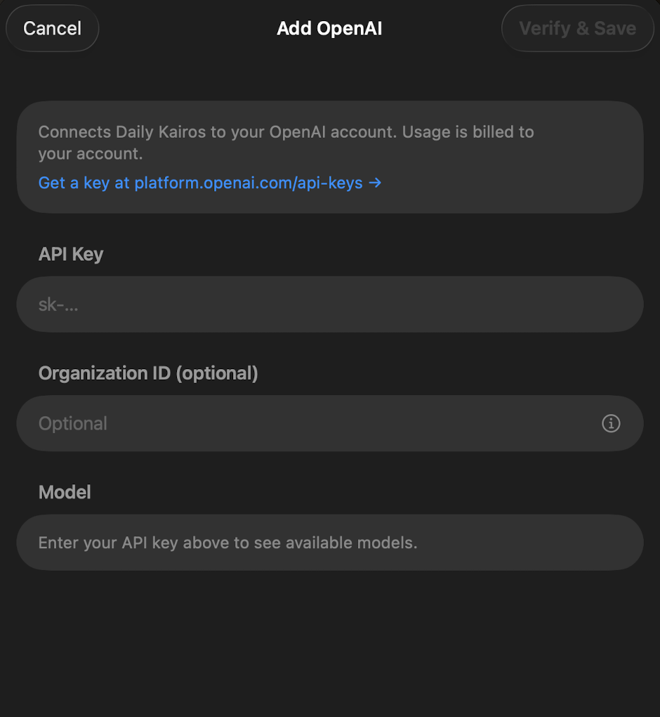 Add OpenAI screen with API Key, Organization ID, and Model fields