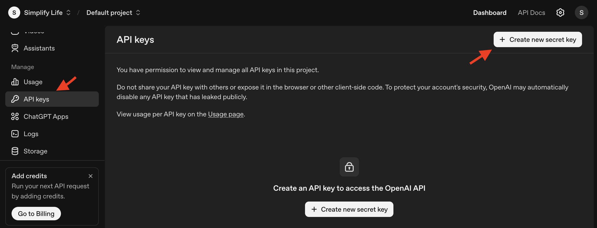 OpenAI API Keys dashboard with 'Create new secret key' button