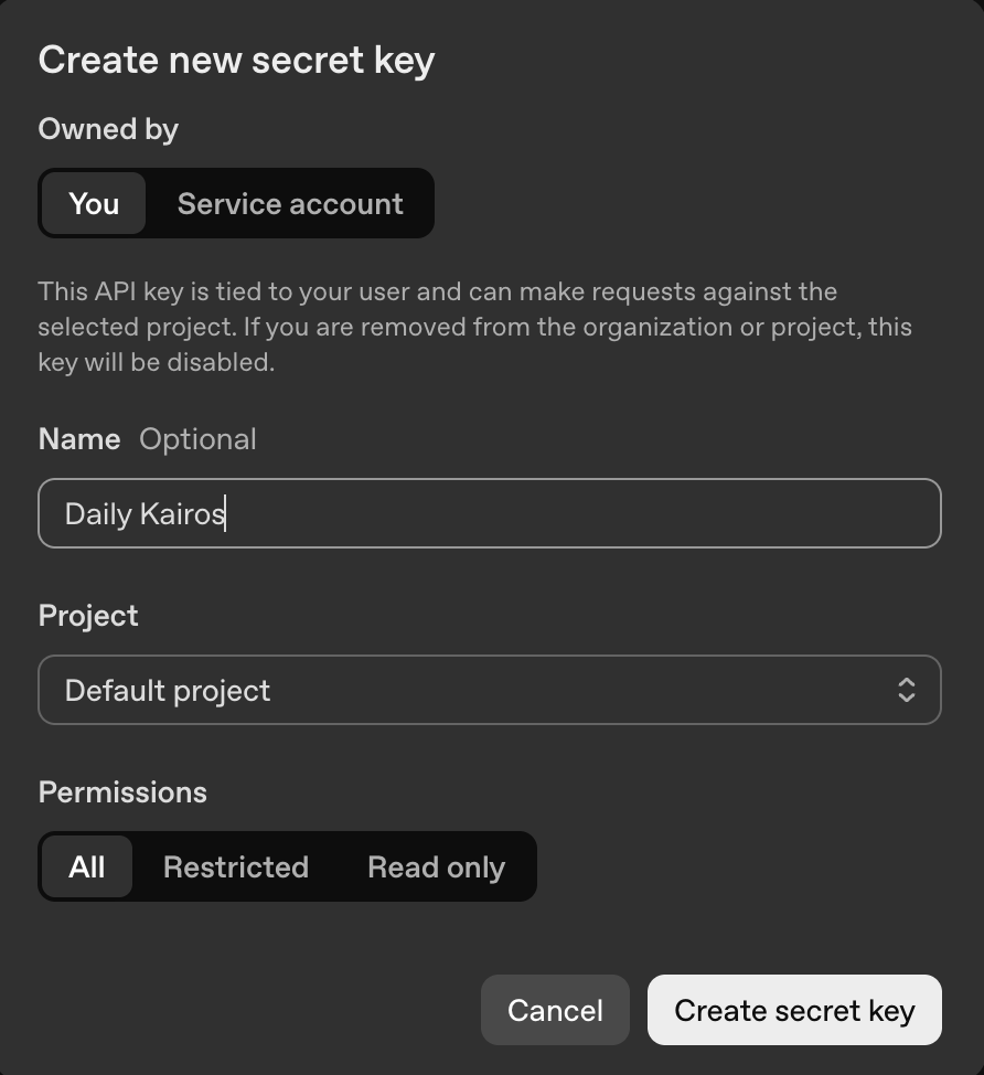 'Create new secret key' dialog with 'Daily Kairos' entered as the name