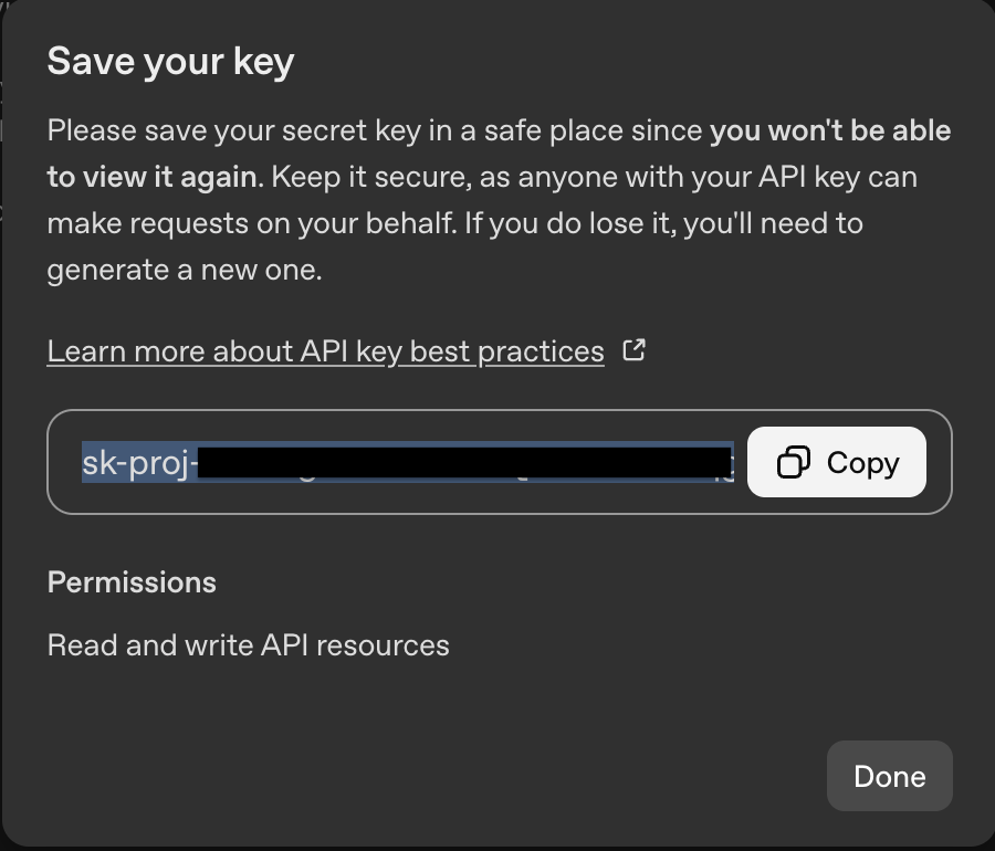 'Save your key' dialog showing the generated key with a Copy button