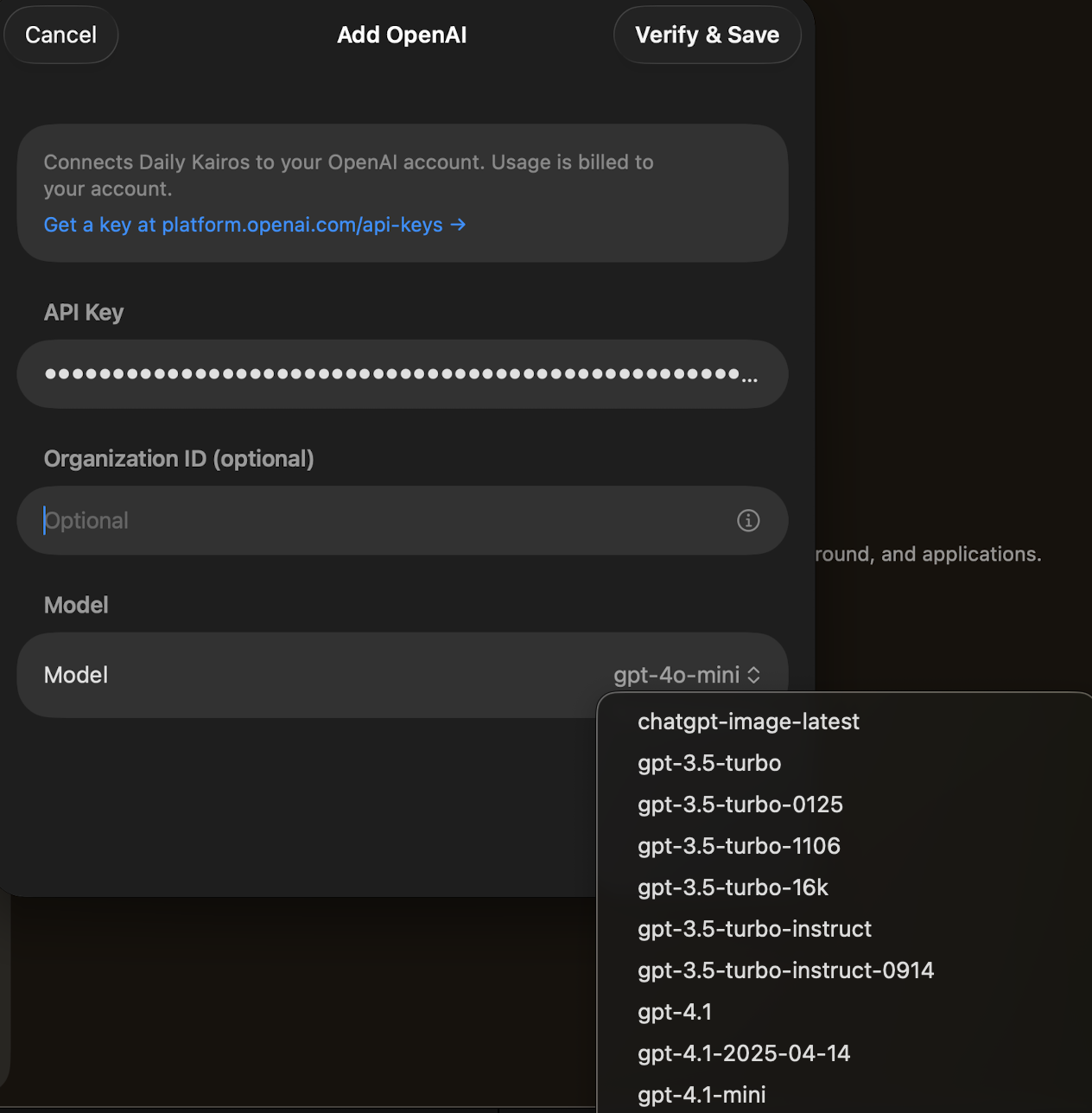 Model dropdown showing available OpenAI models