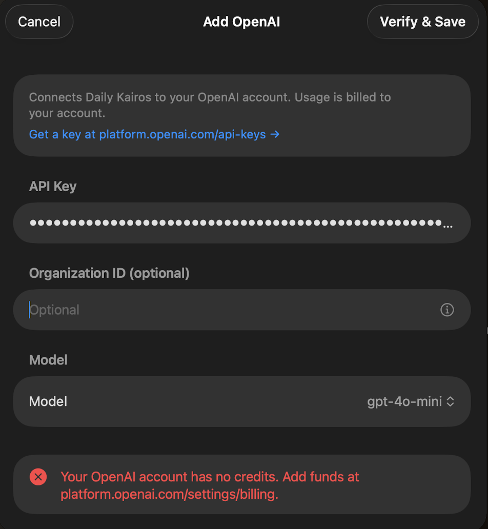 Add OpenAI screen showing a 'no credits' error message
