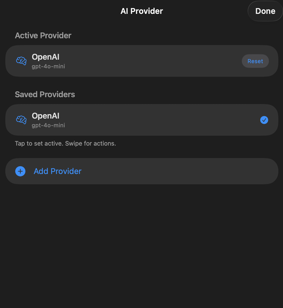 AI Provider screen showing OpenAI as the active provider