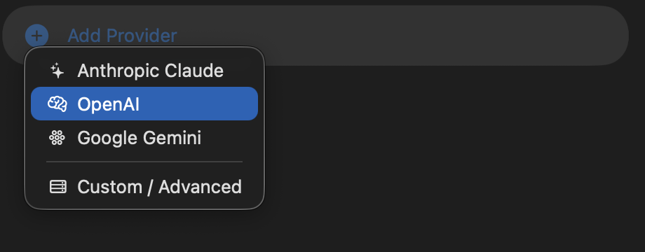 Add Provider dropdown with OpenAI highlighted